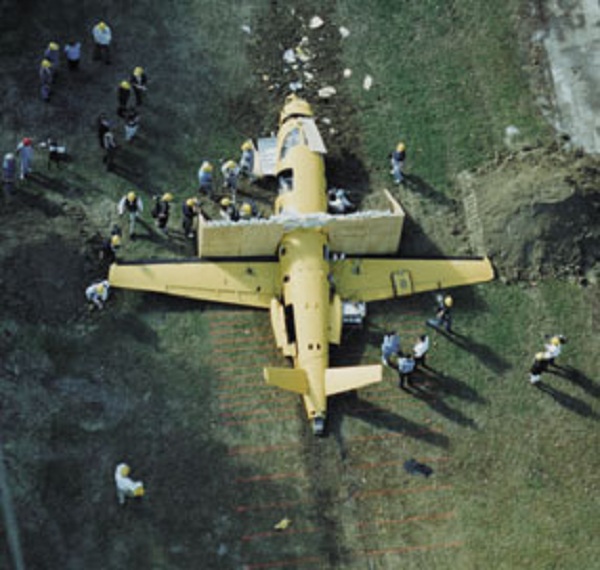  NASA researchers crash-tested a Lear Fan 2100 at the Impact Dynamics Research Facility to evaluate improved crashworthiness design features that will increase human survivability and reduce injuries in the event of an accident. 